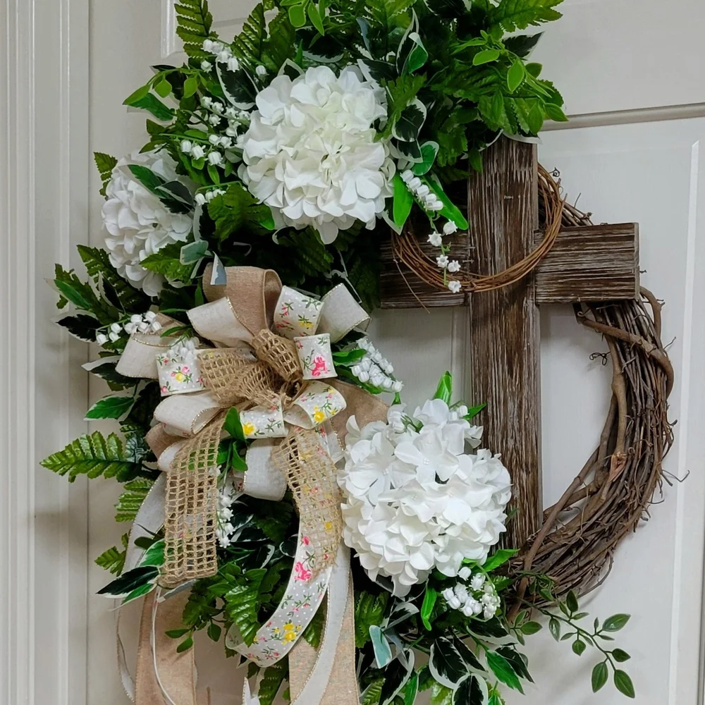 White Hydrangea and Greenery Decorative Door Wreath with Burlap Ribbon